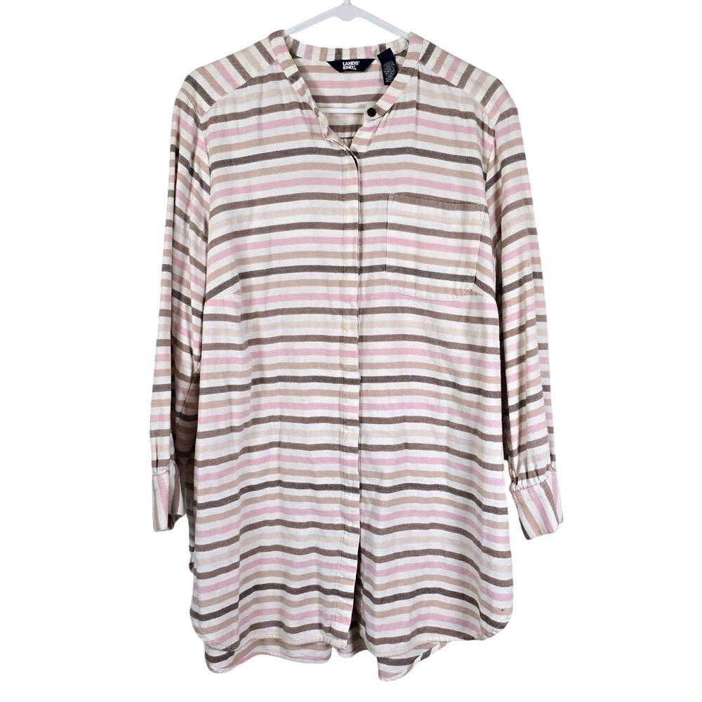 Lands End Flannel A Line Tunic Top Women's 1X Brown Pink Stripe Casual Comfort